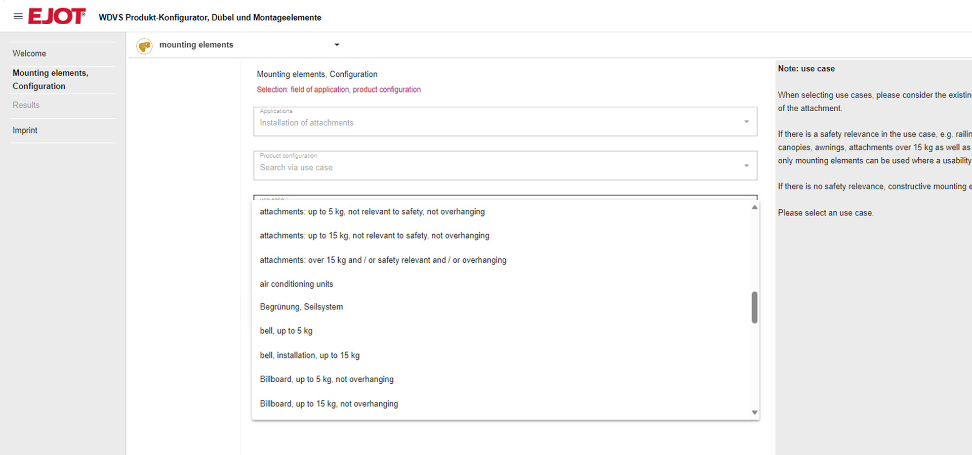 The configurator interface is divided into three areas: the index (left), the input area (centre) and the help window (right).