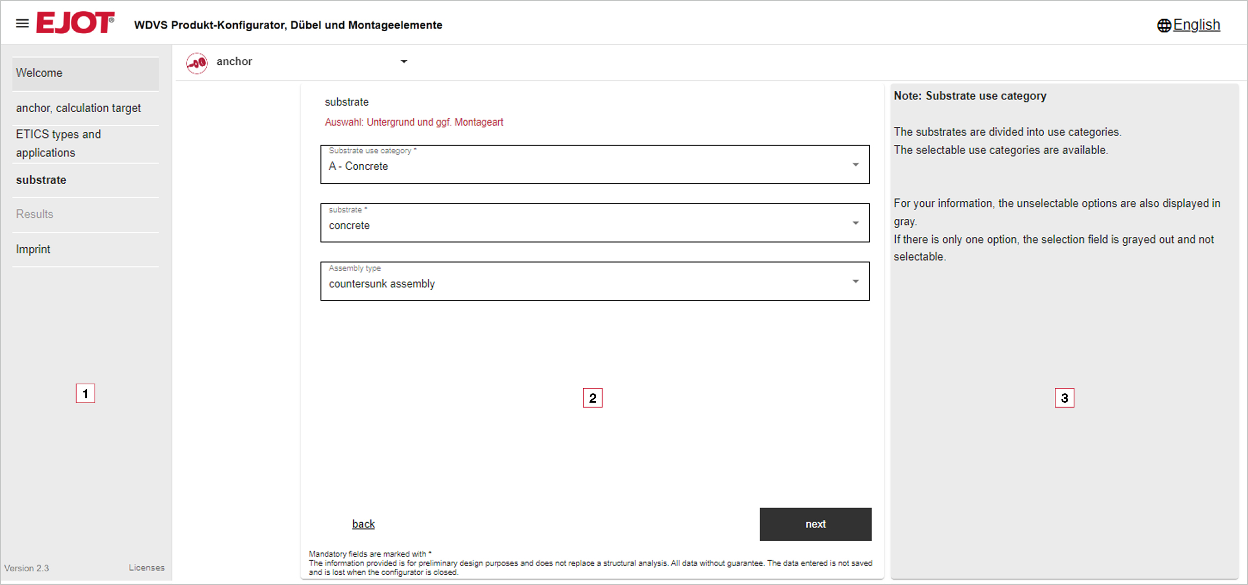 The configurator interface is divided into three areas: the table of contents (1), the input area (2) and the help window (3).